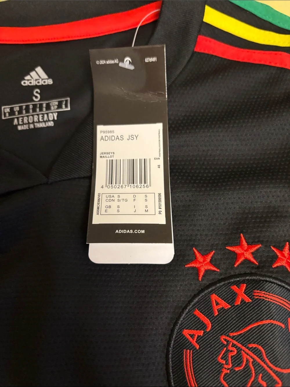 adidas mens Ajax Ziggo Jersey - Black with Red and Yellow/Green Shoulder Stripes